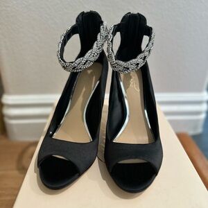 Jewel Badgley Mischka Black Heels with Sparkling Ankle Strap